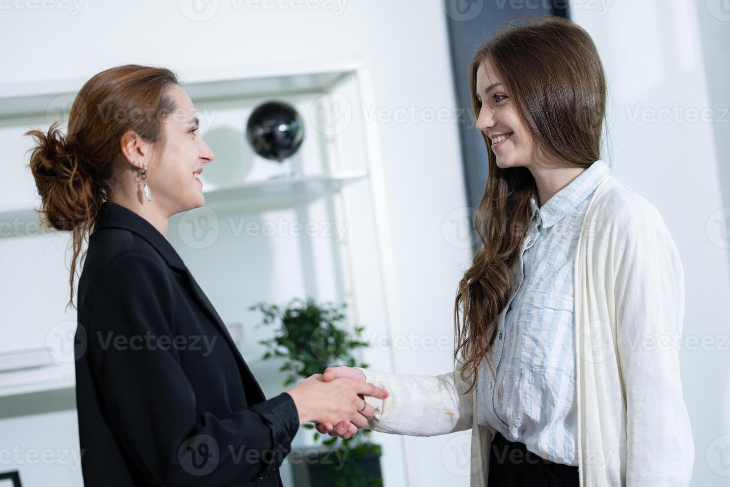 Business professionals engage in a friendly handshake during a meeting in a modern office setting photo