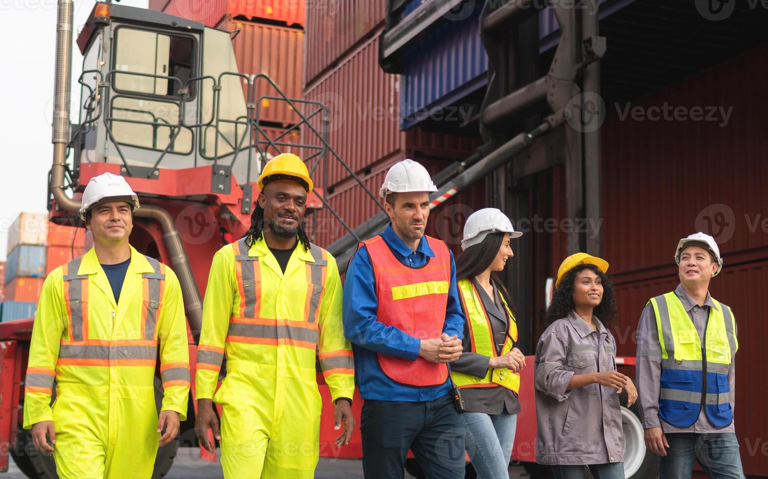 Success Teamwork Concept, Happy business people engineer and worker team in industry containers yard photo