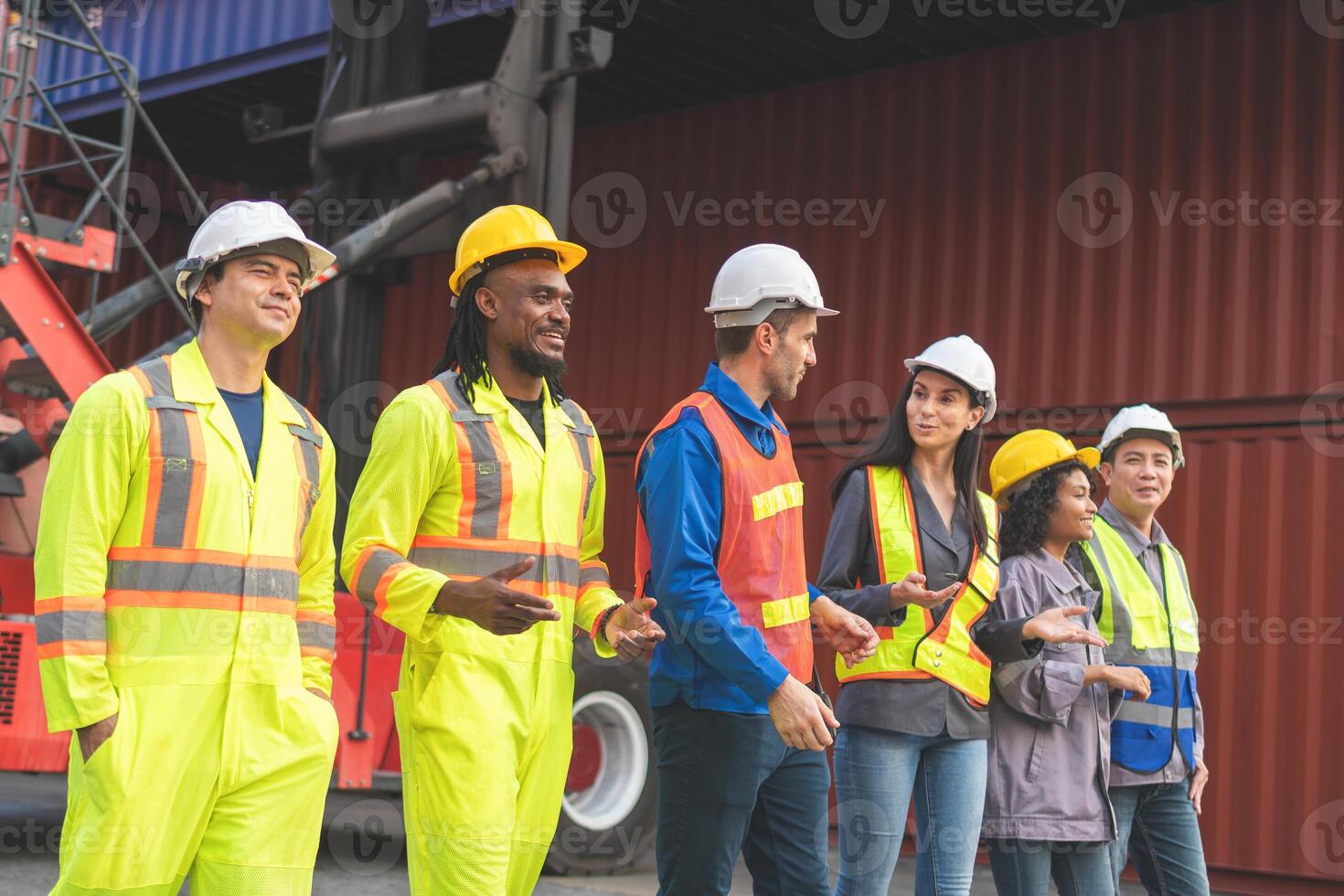 Engineer and foreman worker team in industry containers yard, Success teamwork concepts photo