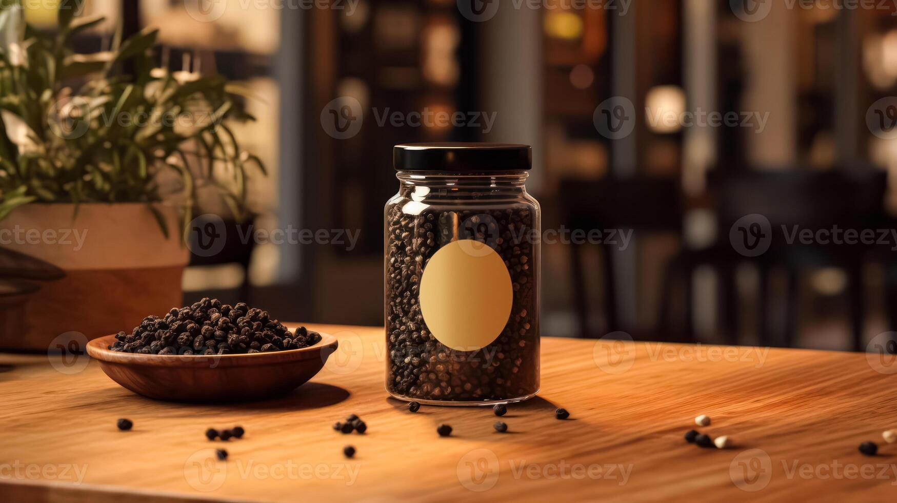A jar of black pepper sits on a wooden table next to a bowl of pepper photo