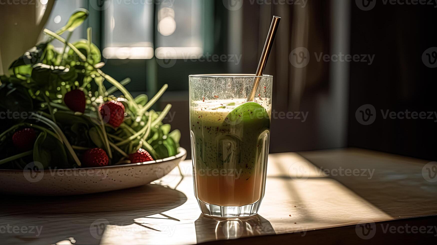 A glass of juice sits on a table next to a plate of salad photo