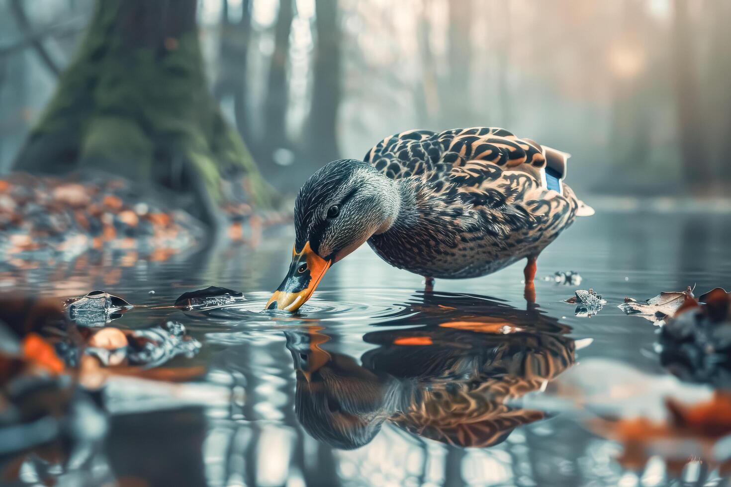 Duck is drinking water from a pond photo
