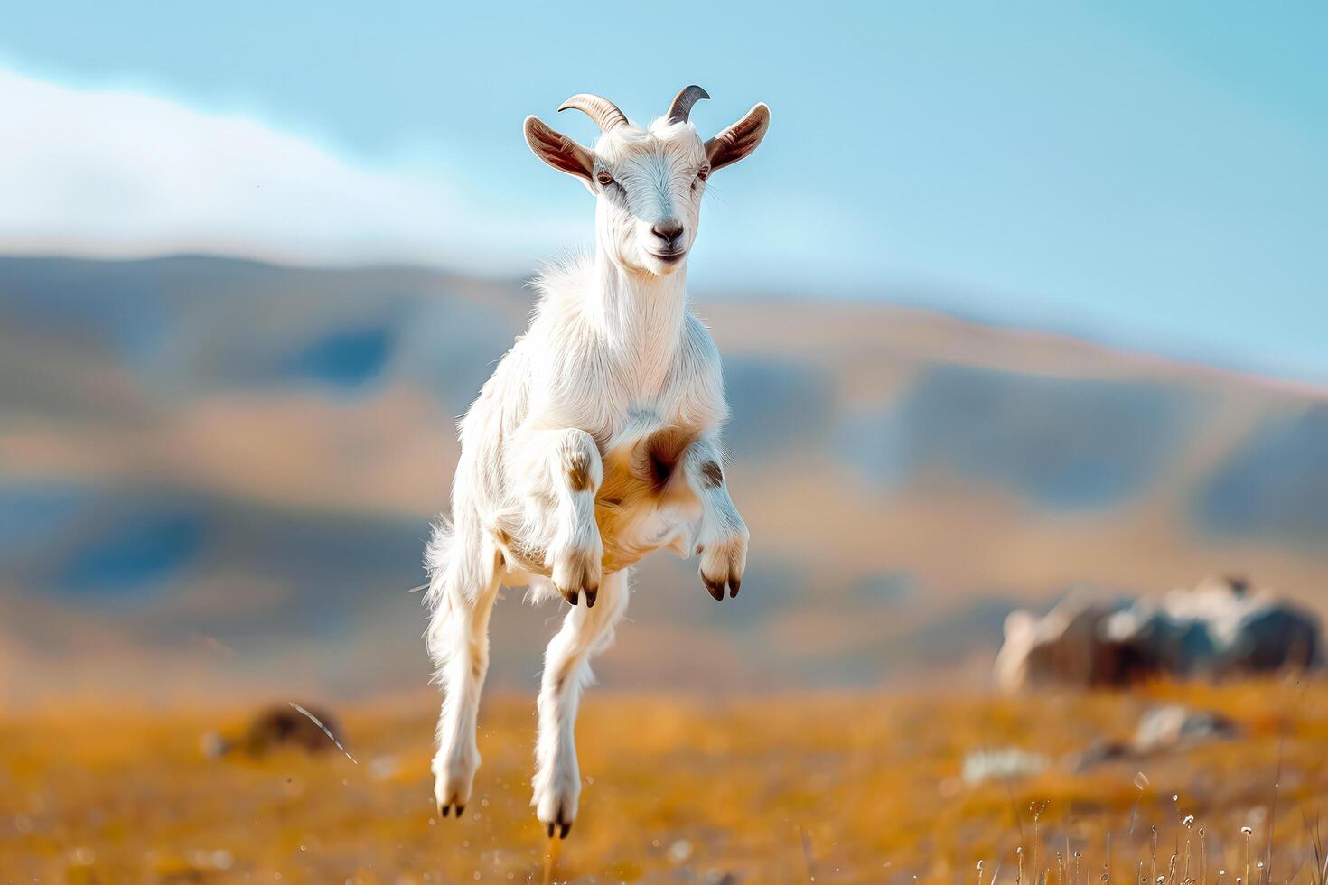 Goat is jumping in the air in a field photo