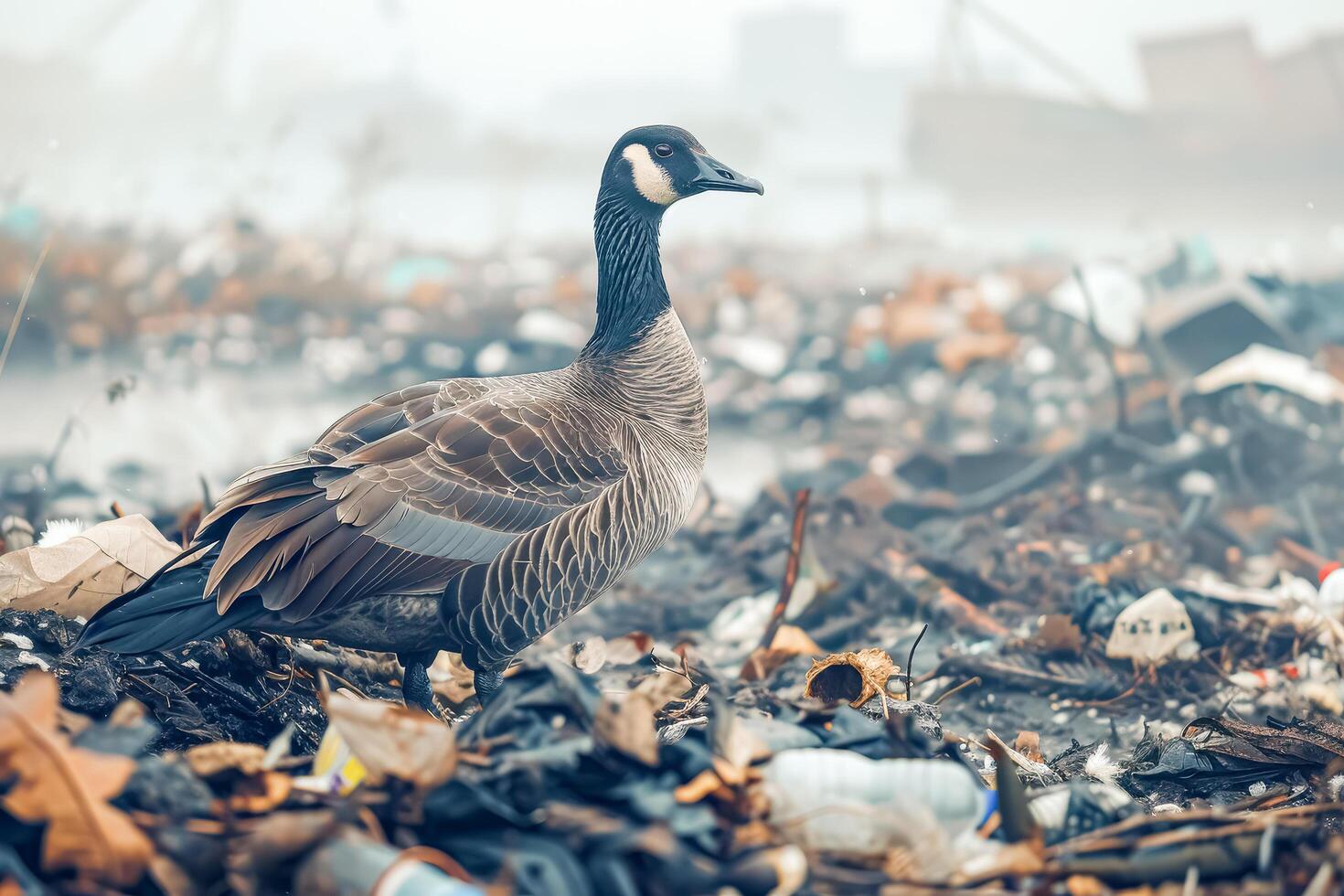 Goose is standing in a pile of trash photo