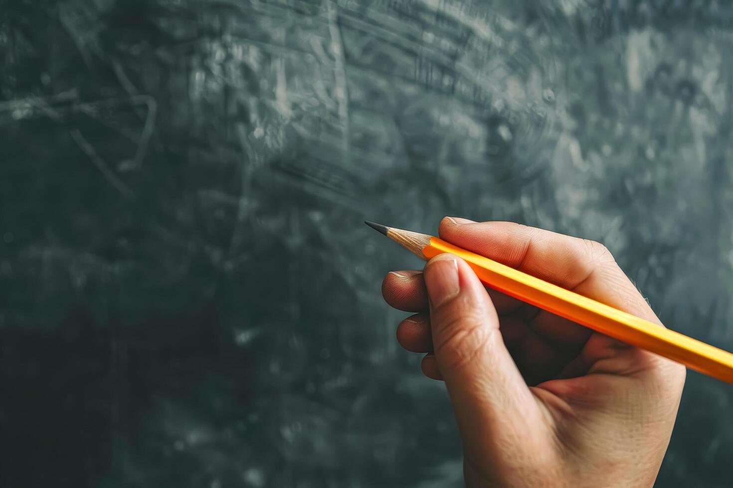 Person is holding a pencil and writing on a chalkboard photo