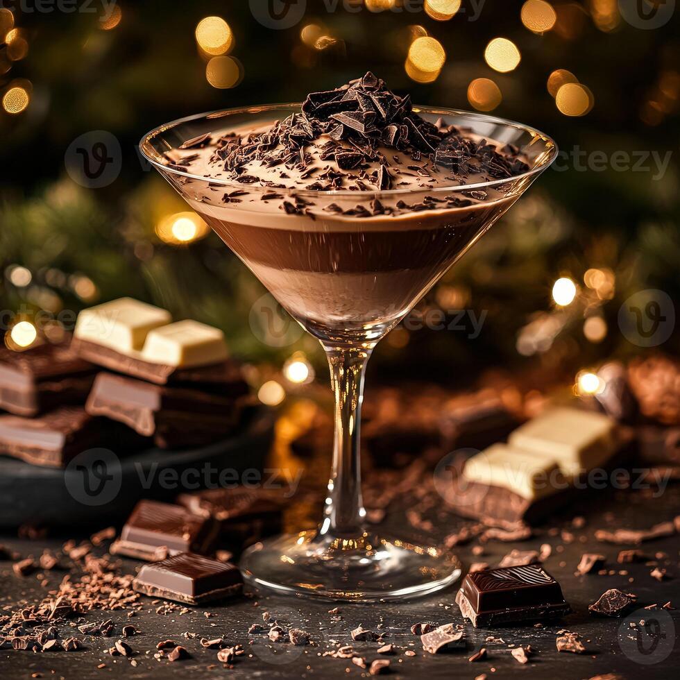 Glass of chocolate dessert with a chocolate bar on the table photo