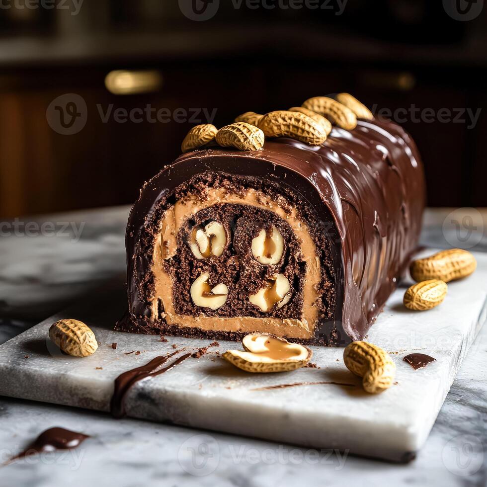Chocolate cake with nuts and a peanut drizzle on top photo