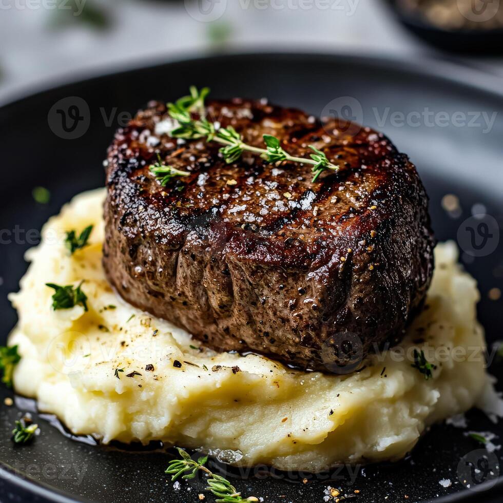 Piece of meat is on top of mashed potatoes and herbs photo