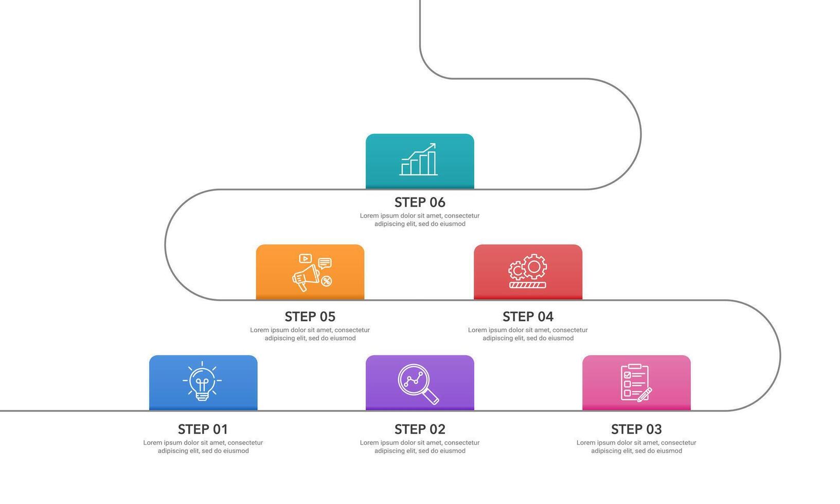 Colorful Business Roadmap Infographic. 6 Curved Milestones to Strategic Success. Presentation, Brochure and Plan. vector