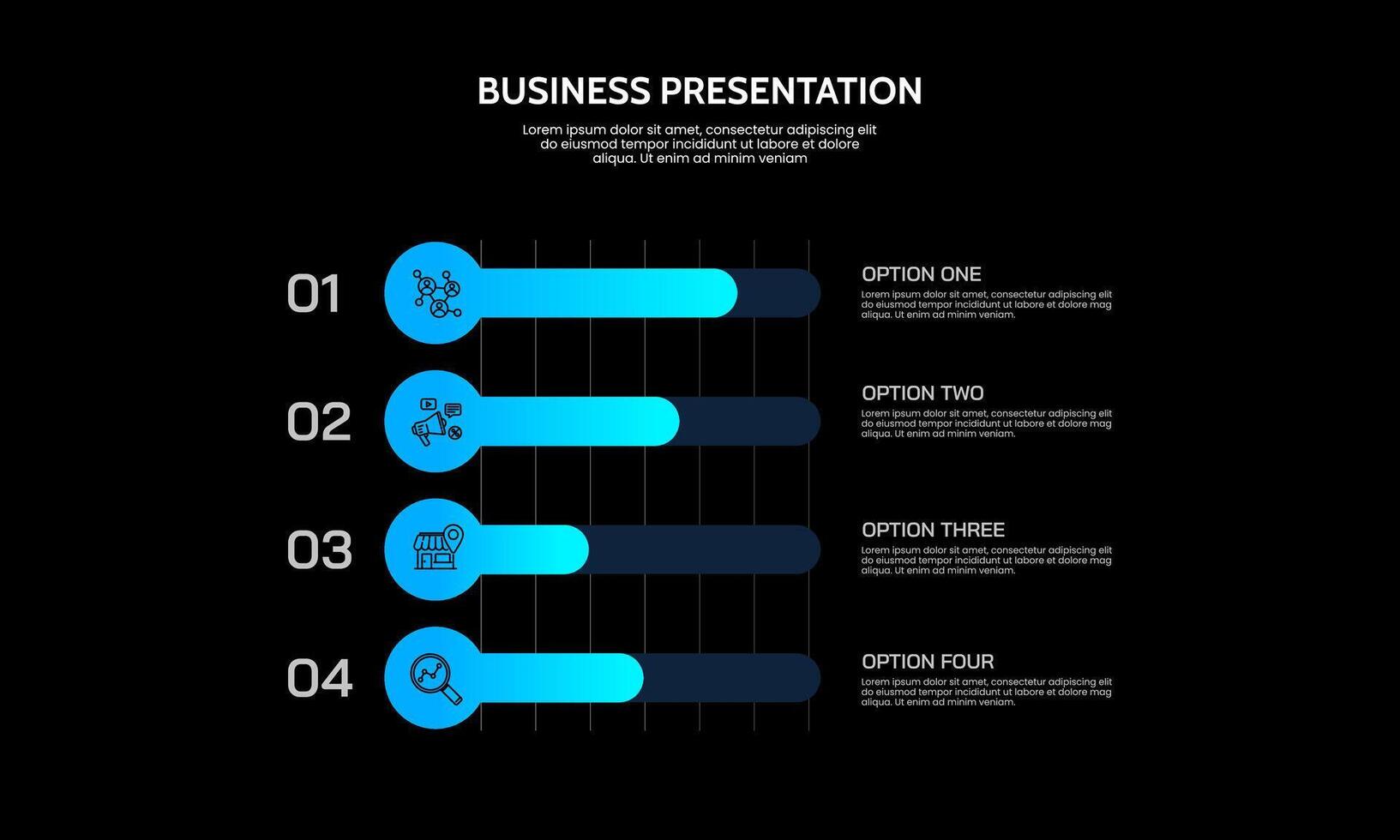 4 options business growth infographic bar chart on black background. Business presentation, Banner, Brochure, Report and Strategy. vector