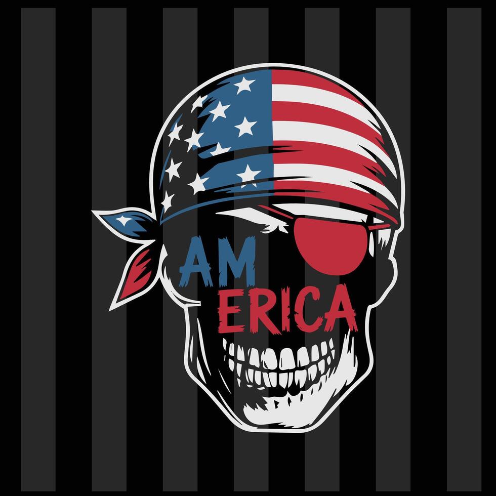 American Skull Design for 4th of July Independence Day Patriotic Graphic Tee Art with Flag Bandana Red White Blue USA Bold Rebel Style for Creative Projects and Prints vector