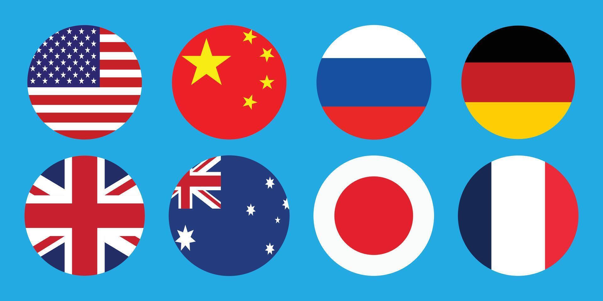 Flags of Major World Powers of the USA, China, Russia, Germany, UK, Australia, Japan, and France. vector