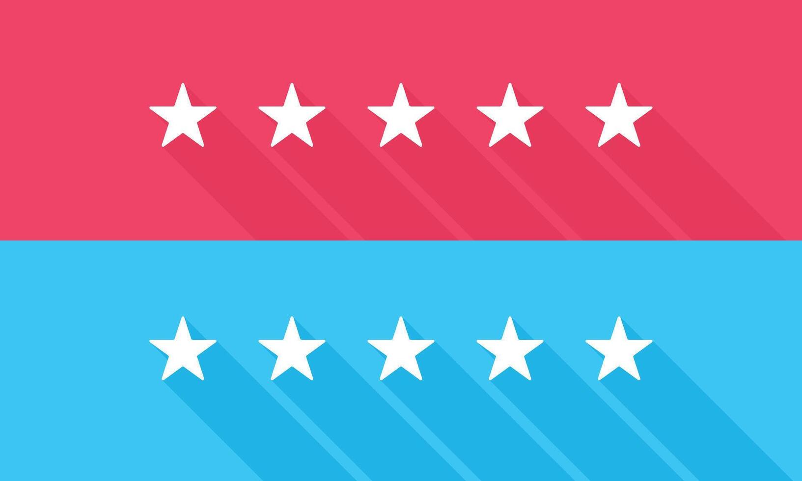 Five stars icon. Customer product rating displayed in Red and Blue with Long Shadow. vector