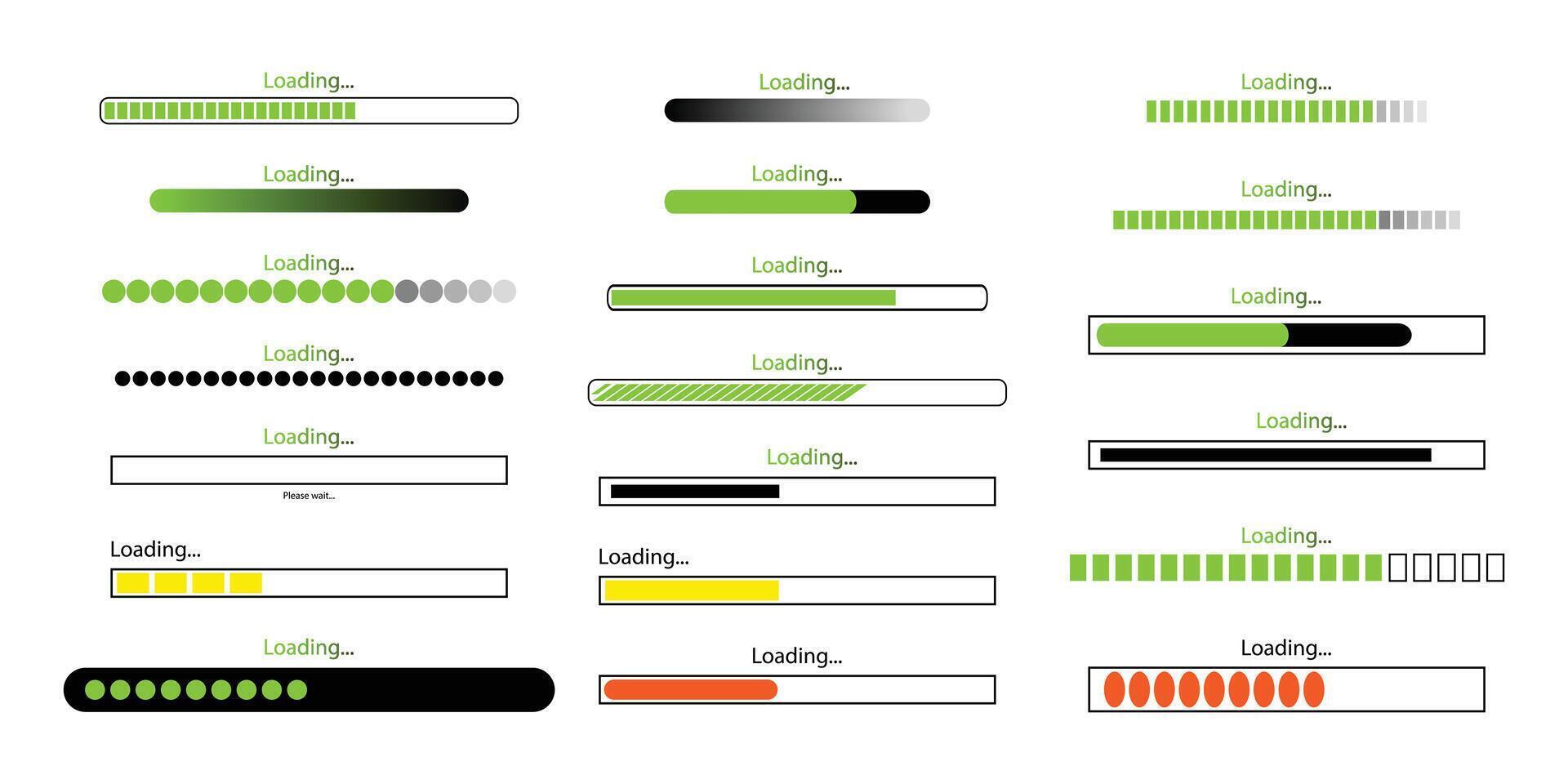 Loading Bar Progress Icons Indicators for Websites. Different Loading Bar Styles various of Loading. vector