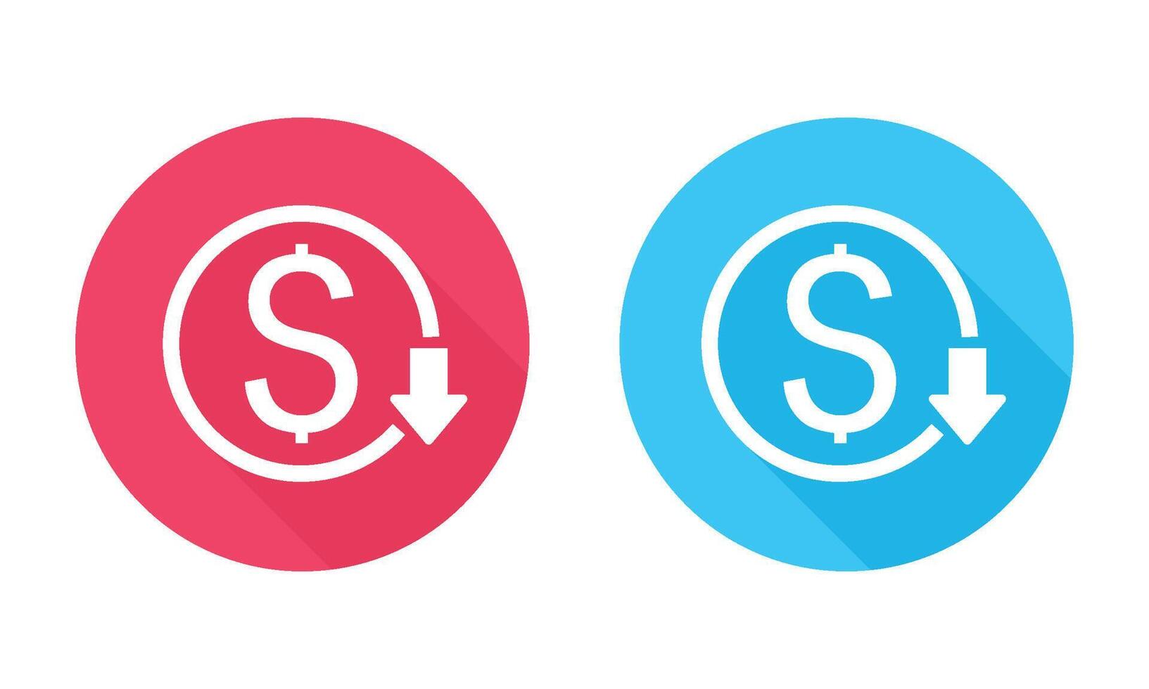 Dollar Down Symbol Round Icons Displaying in Red and Blue with Long Shadow. Decreasing Dollar Value. vector