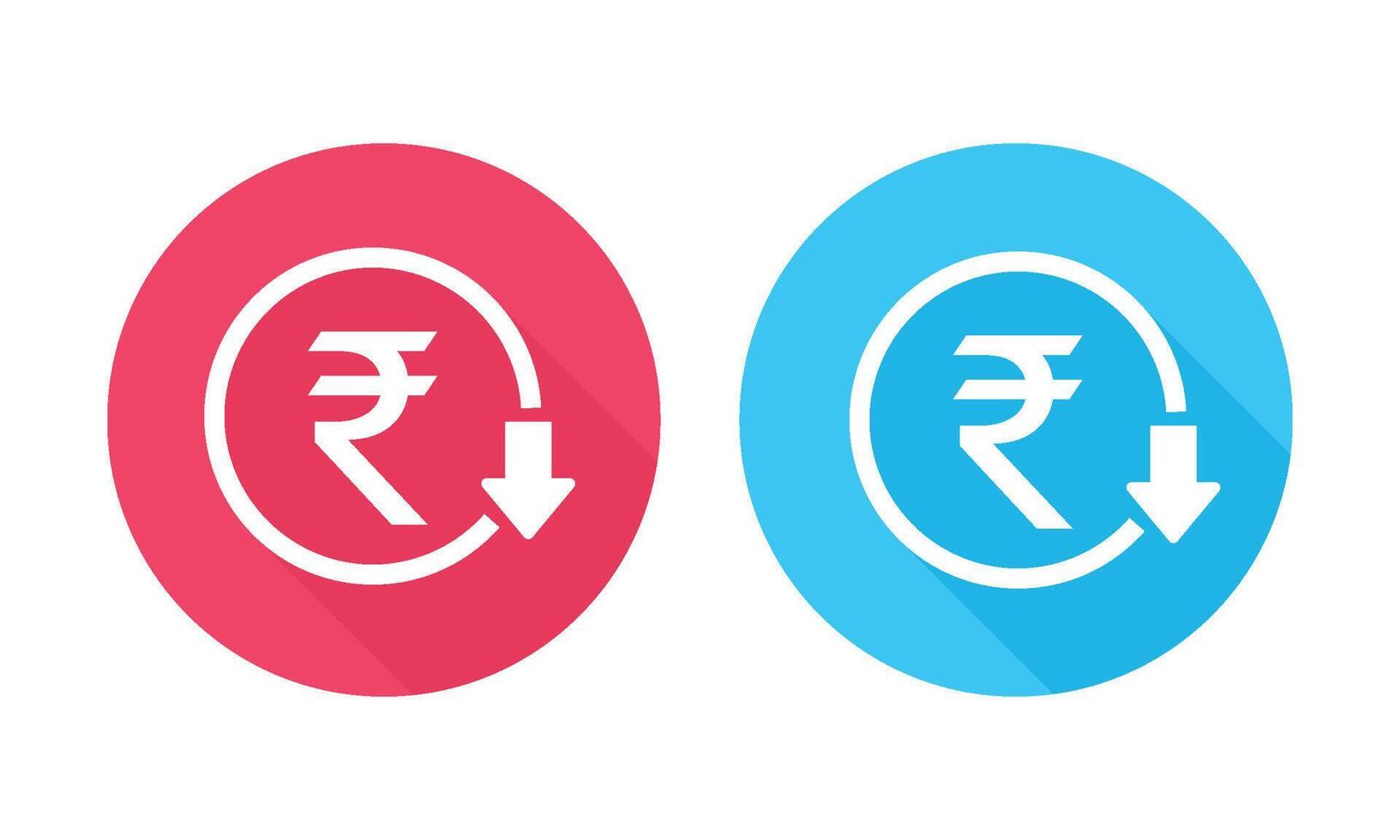 Indian Rupee Symbol Round Icons Displaying in Red and Blue with Long Shadow. Decreasing Rupee Value. vector
