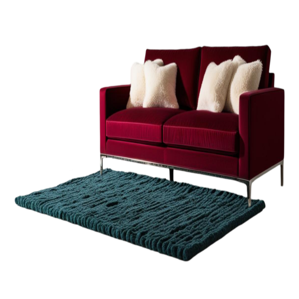 Stylish Red Velvet Sofa with White Fluffy Pillows on Teal Rug png