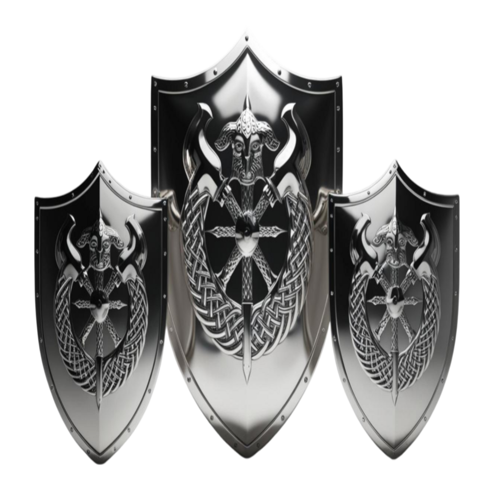 Intricately Designed Metallic Shields with Horned Figure png