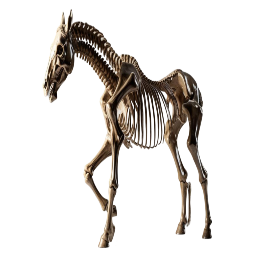 3D Horse Skeleton in Walking Position with Visible Bone Structure png