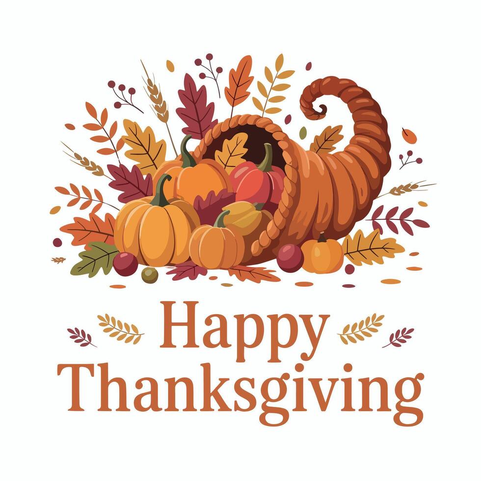 A cornucopia overflowing with pumpkins, leaves, and berries with happy thanksgiving text below it vector