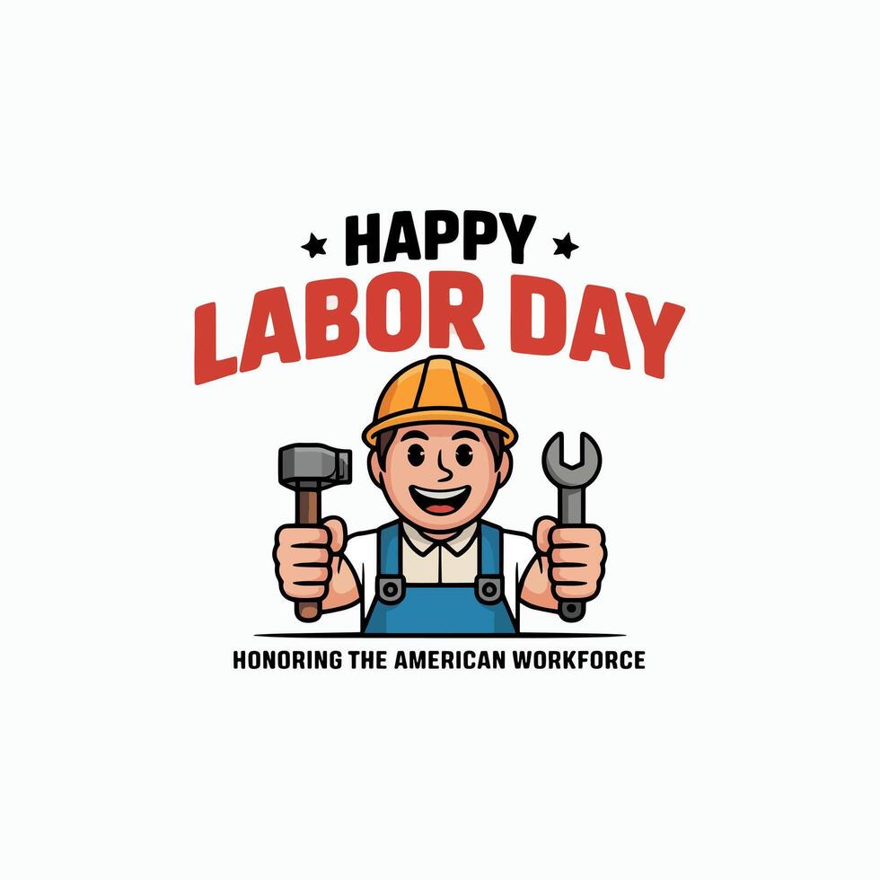 Cartoon labor day illustration featuring a construction worker holding tools and happy labor day text vector