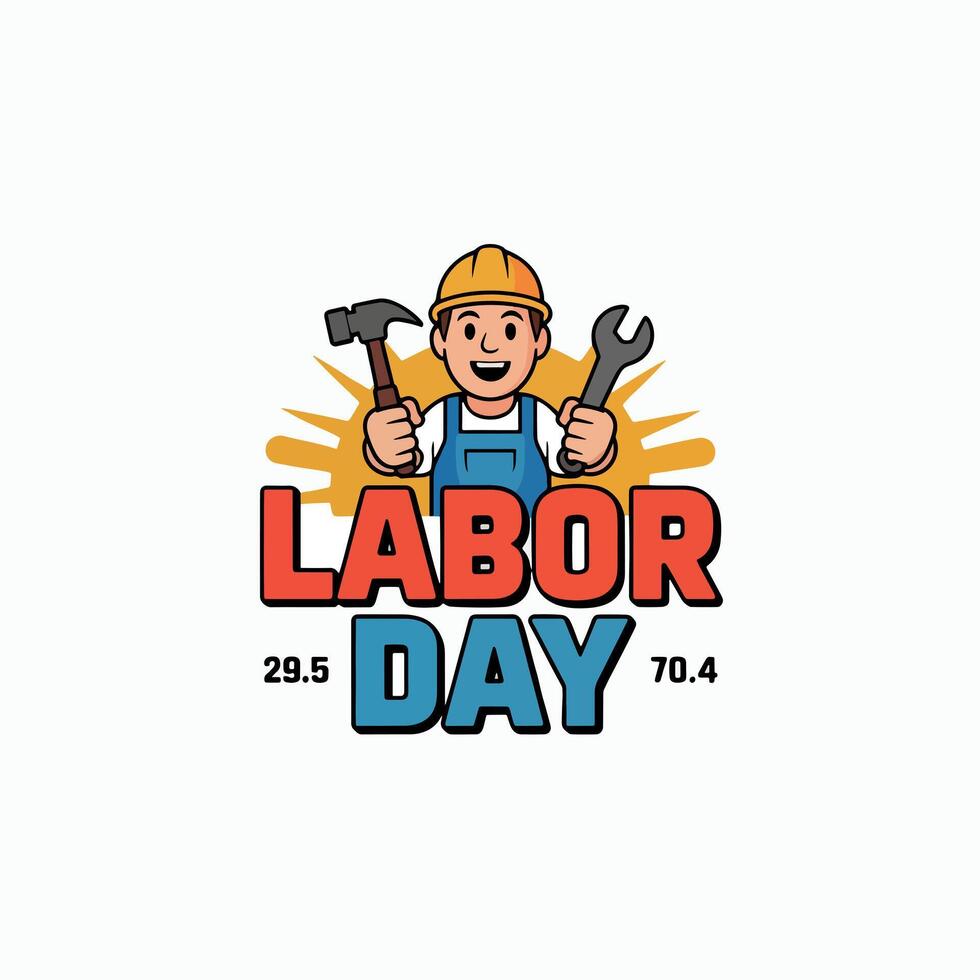 Cartoon illustration of labor day with a construction worker holding tools and text below him vector
