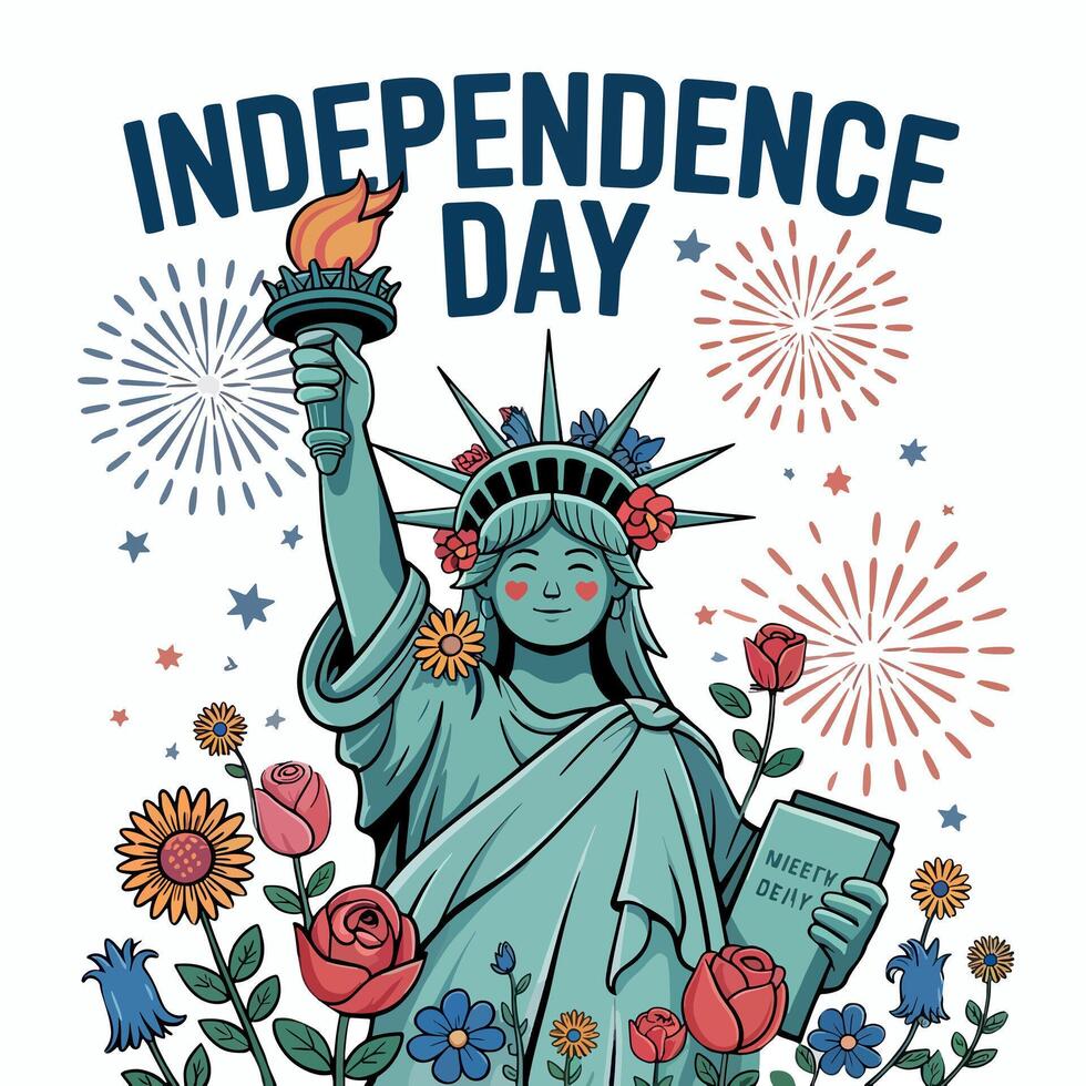 The statue of liberty decorated with flowers celebrating independence day with fireworks in the background vector