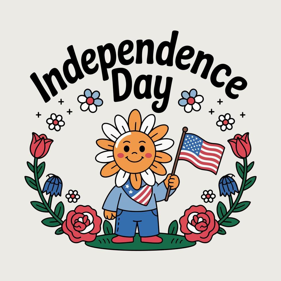 Illustration of a flower character holding an american flag for independence day celebration vector