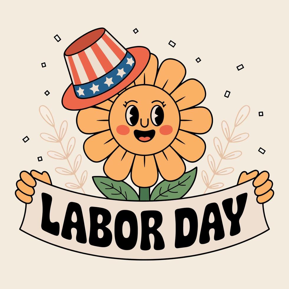 A cartoon sunflower wearing a patriotic hat holding a labor day banner with leaves and confetti vector