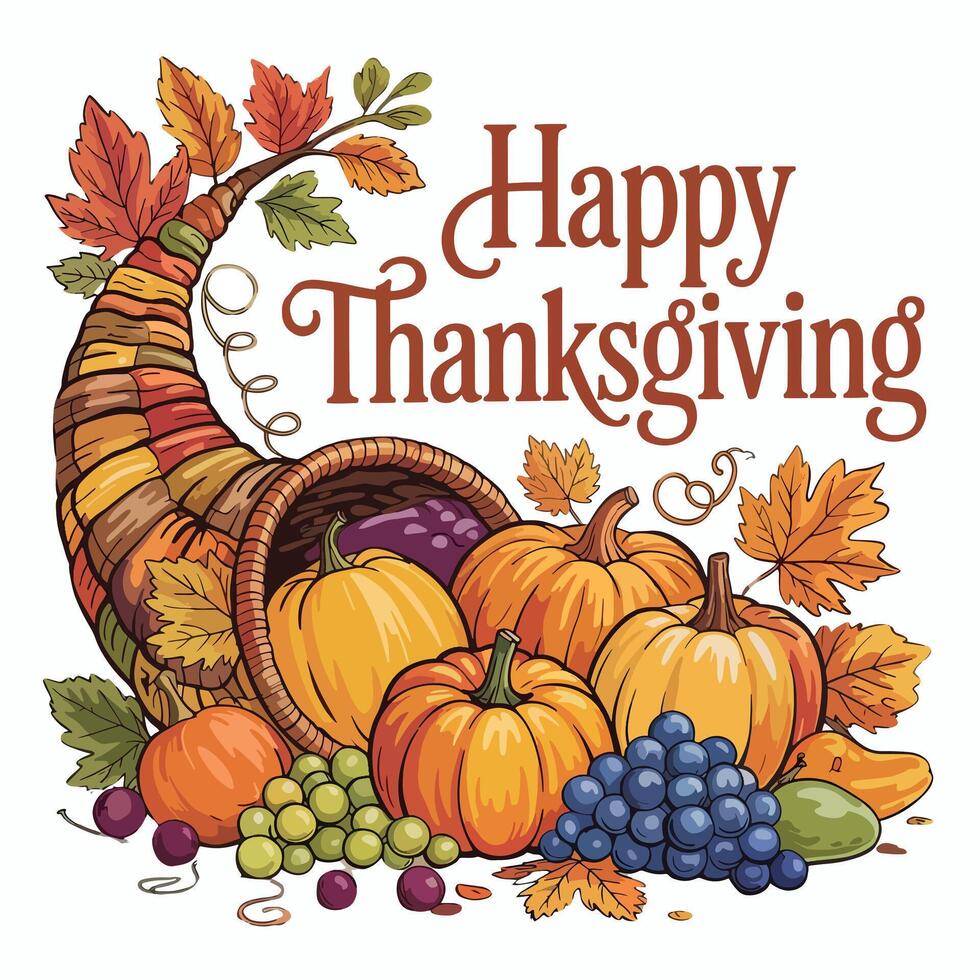 Happy thanksgiving illustration with cornucopia filled with pumpkins and grapes on a white background vector