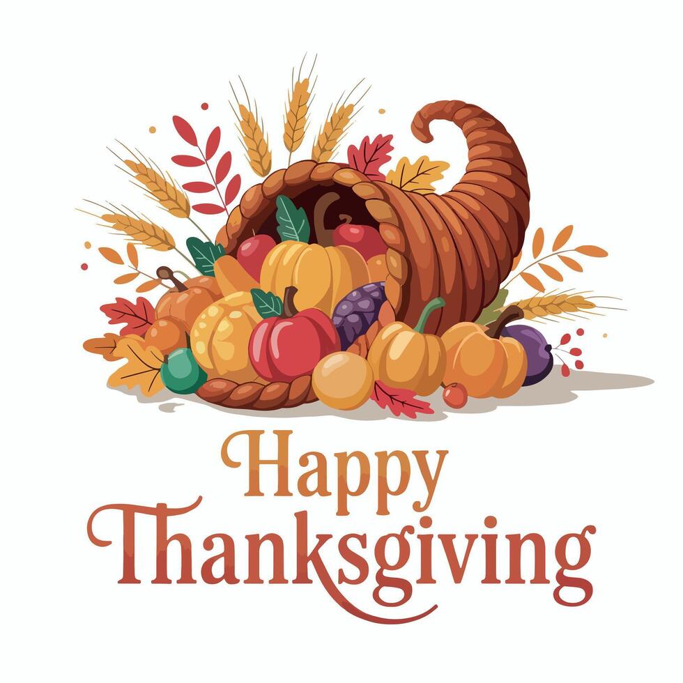 A festive cornucopia filled with autumn harvest fruits and vegetables with happy thanksgiving text vector