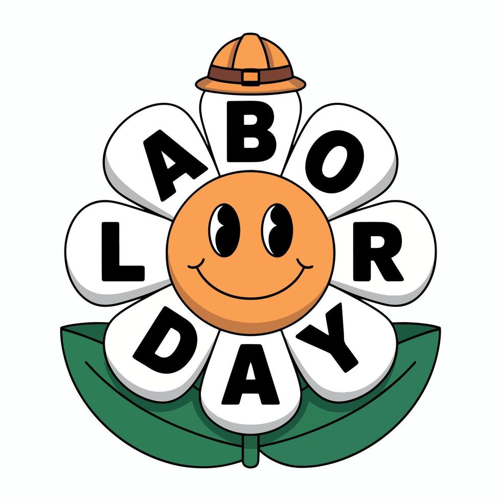 A labor day themed flower with a smiling face and a construction hat on top of the flower graphic vector