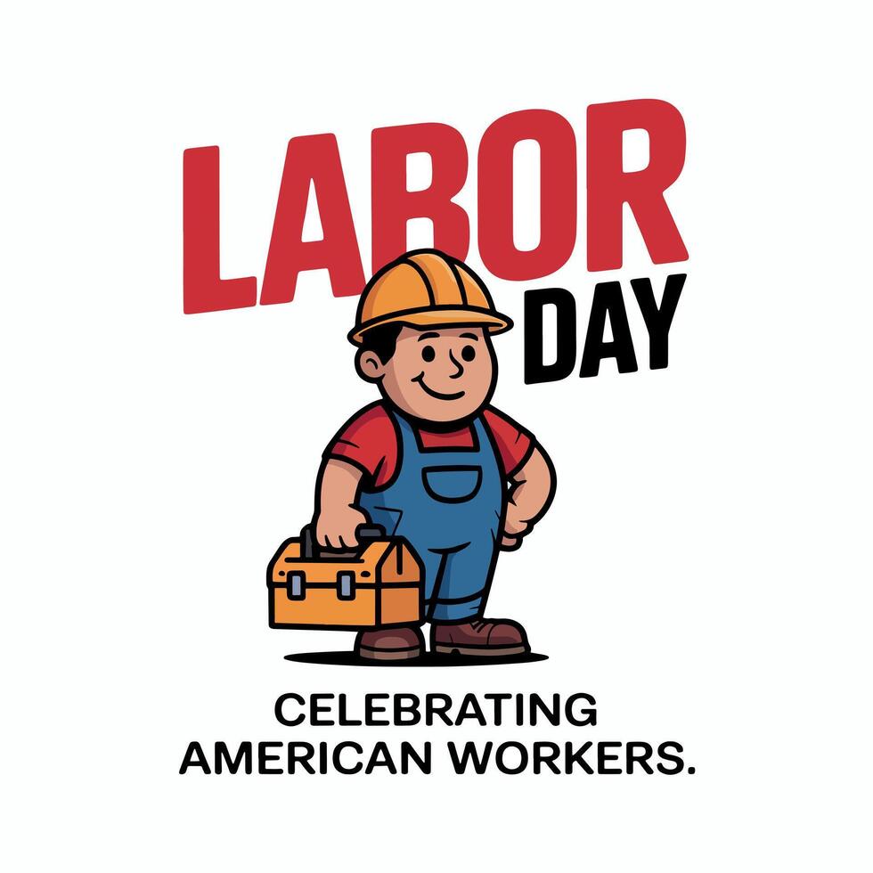 Cartoon worker in overalls and hard hat holding a toolbox for labor day celebration event day vector