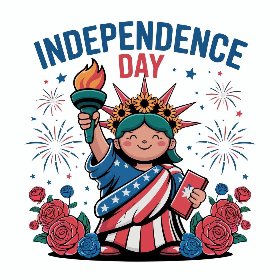 Cartoon statue of liberty character with sunflowers and independence day text and fireworks vector