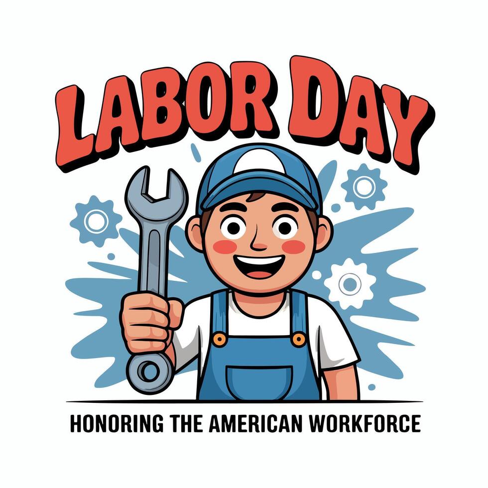 Cartoon style labor day illustration featuring a smiling worker holding a wrench and gears around vector