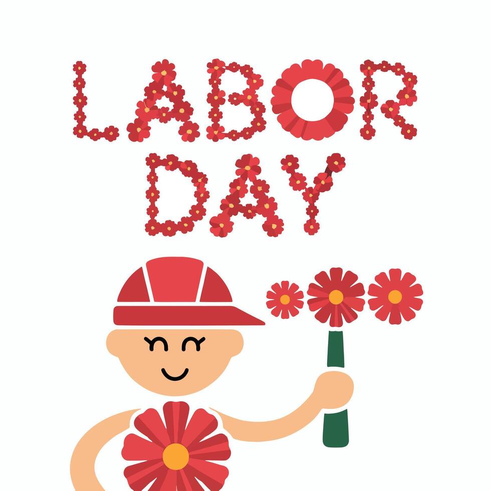 Labor day floral design with a worker holding flowers, celebrating the holiday with a cheerful theme vector
