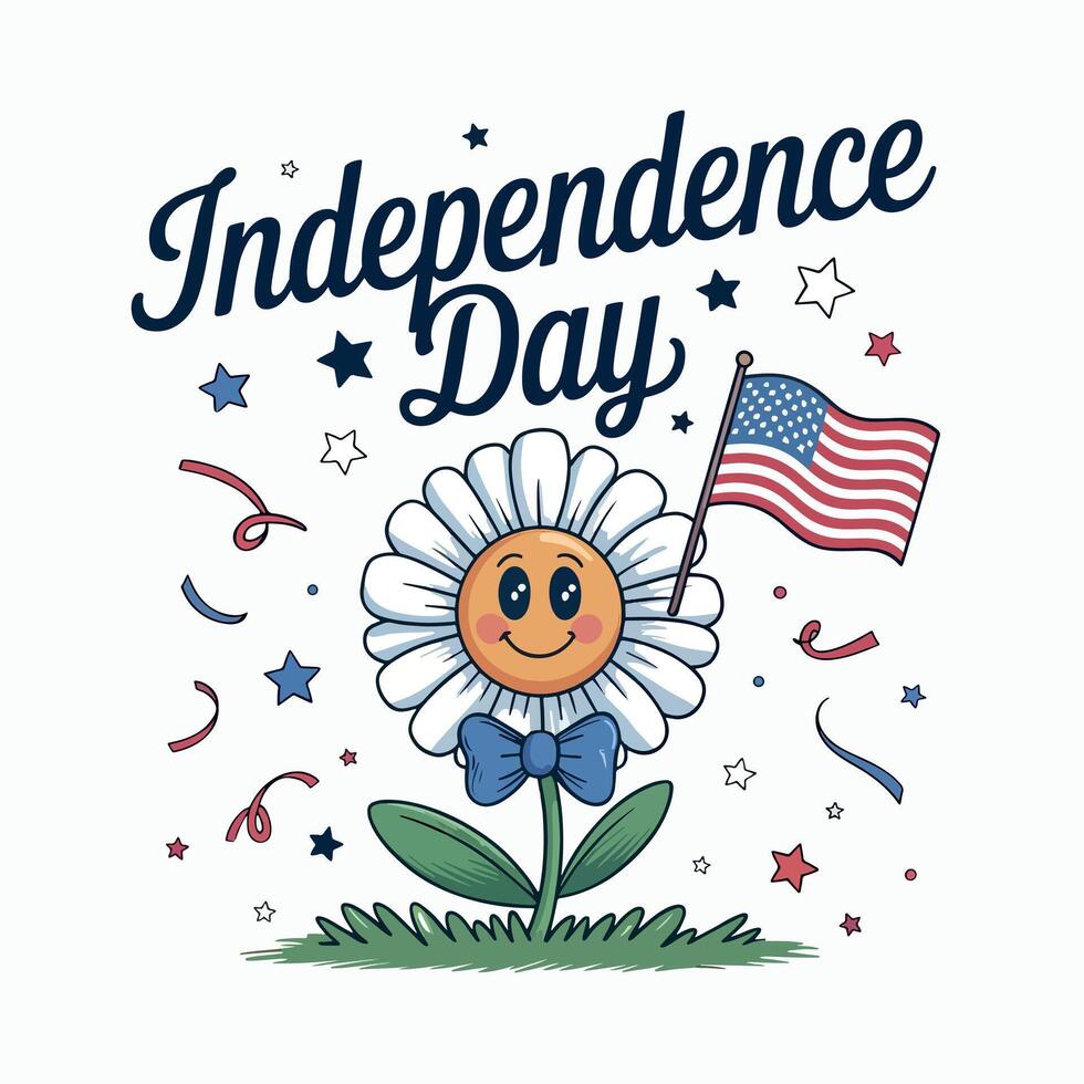 A cartoon illustration of independence day with a flower, flag, and celebratory elements around it vector