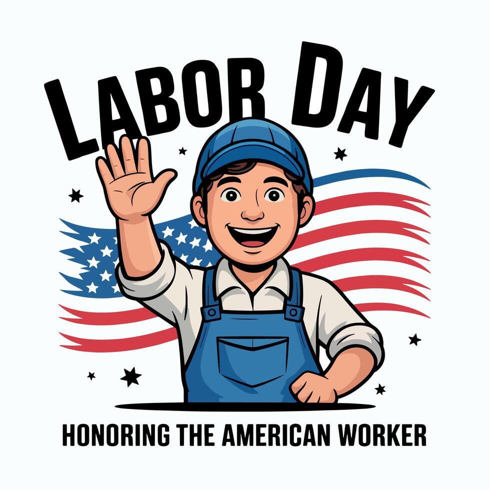Cartoon illustration for labor day featuring a waving worker and american flag background design vector