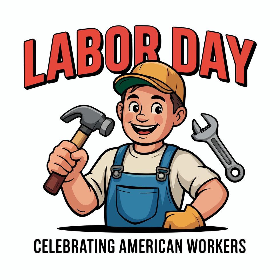 Cartoon illustration of labor day with a worker holding a hammer and a wrench on white background vector