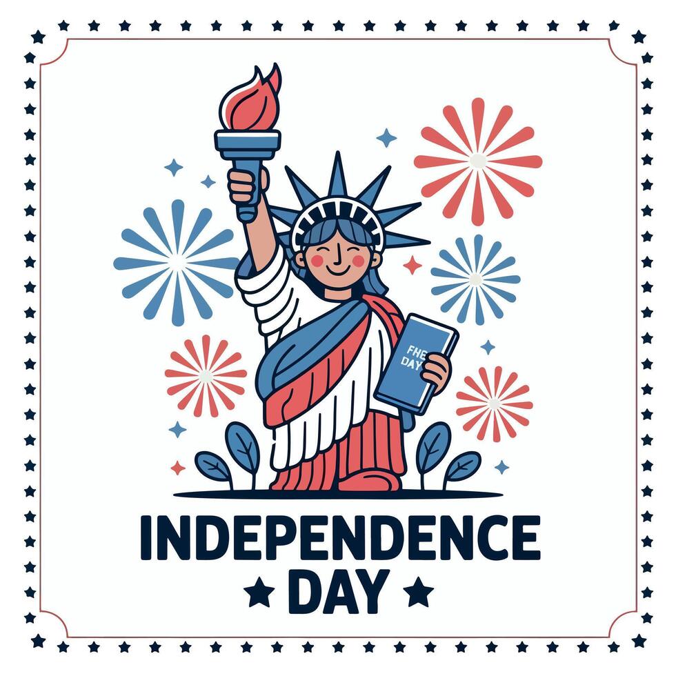 Illustration of statue of liberty with fireworks and independence day text in star border vector