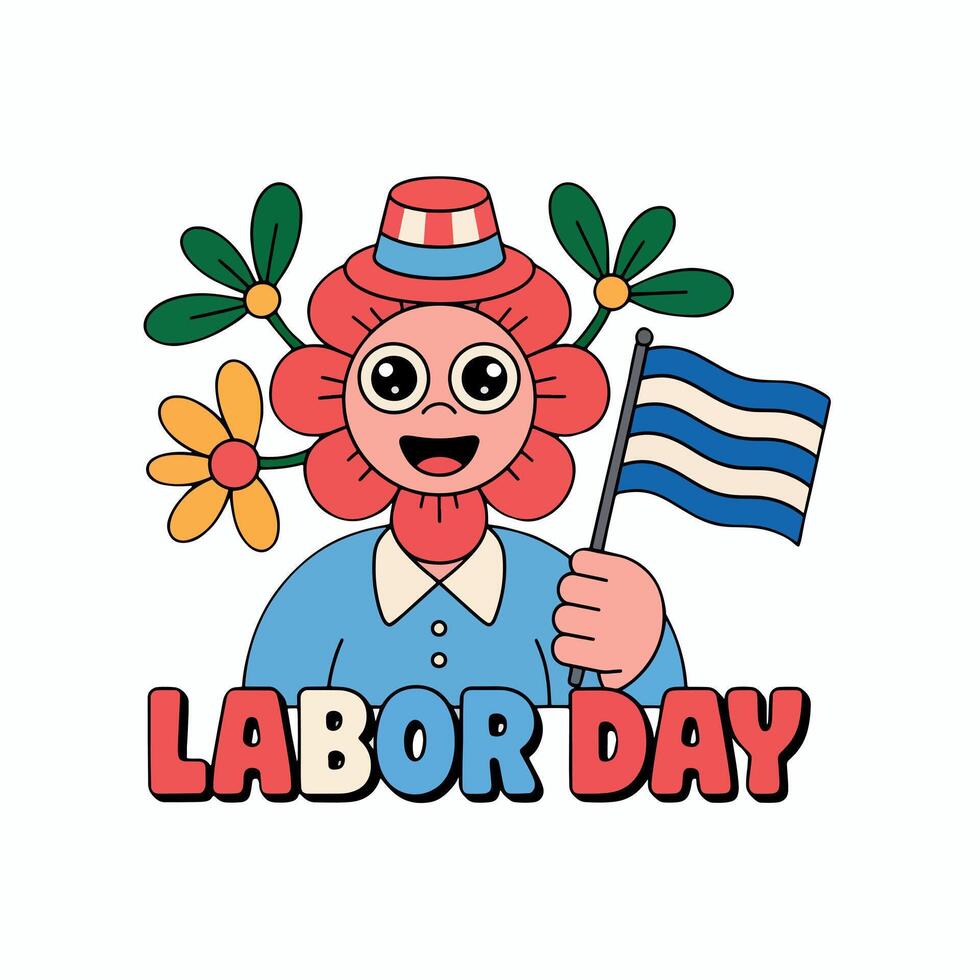 Cartoon flower character with a hat and flag for labor day celebration on a white background vector