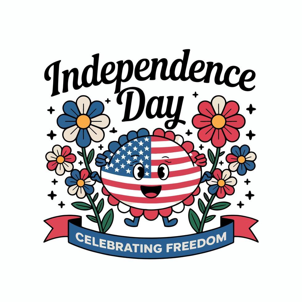 Independence day illustration with american flag character and flowers celebrating freedom day vector