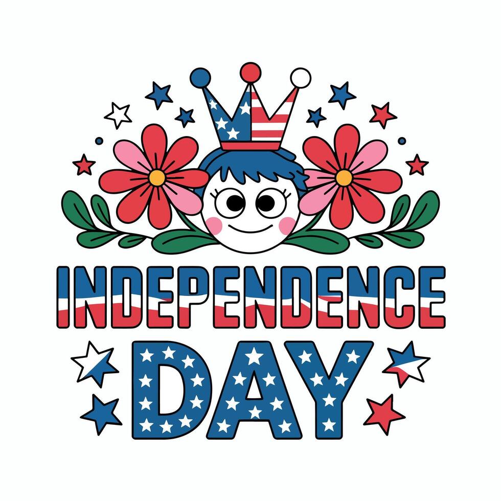 Illustration of independence day with crown wearing face, flowers, leaves, and stars design vector