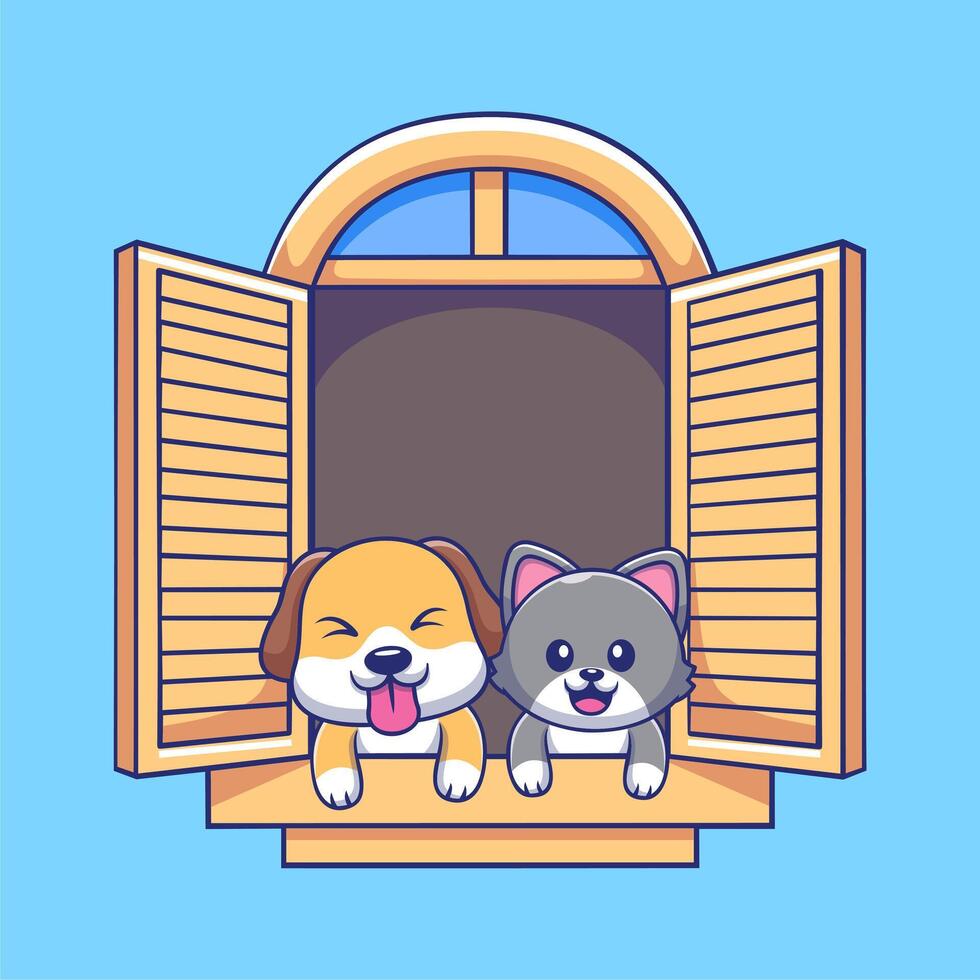 Cute Dog and Cat Looking Out of Window Cartoon Icon Illustration. Animal Nature Icon Concept Isolated. vector