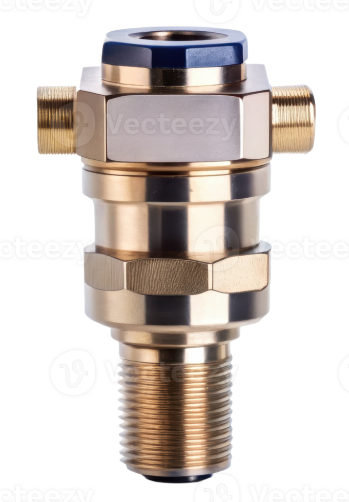 Brass plumbing pressure relief valve component fitting isolated on a transparent background png