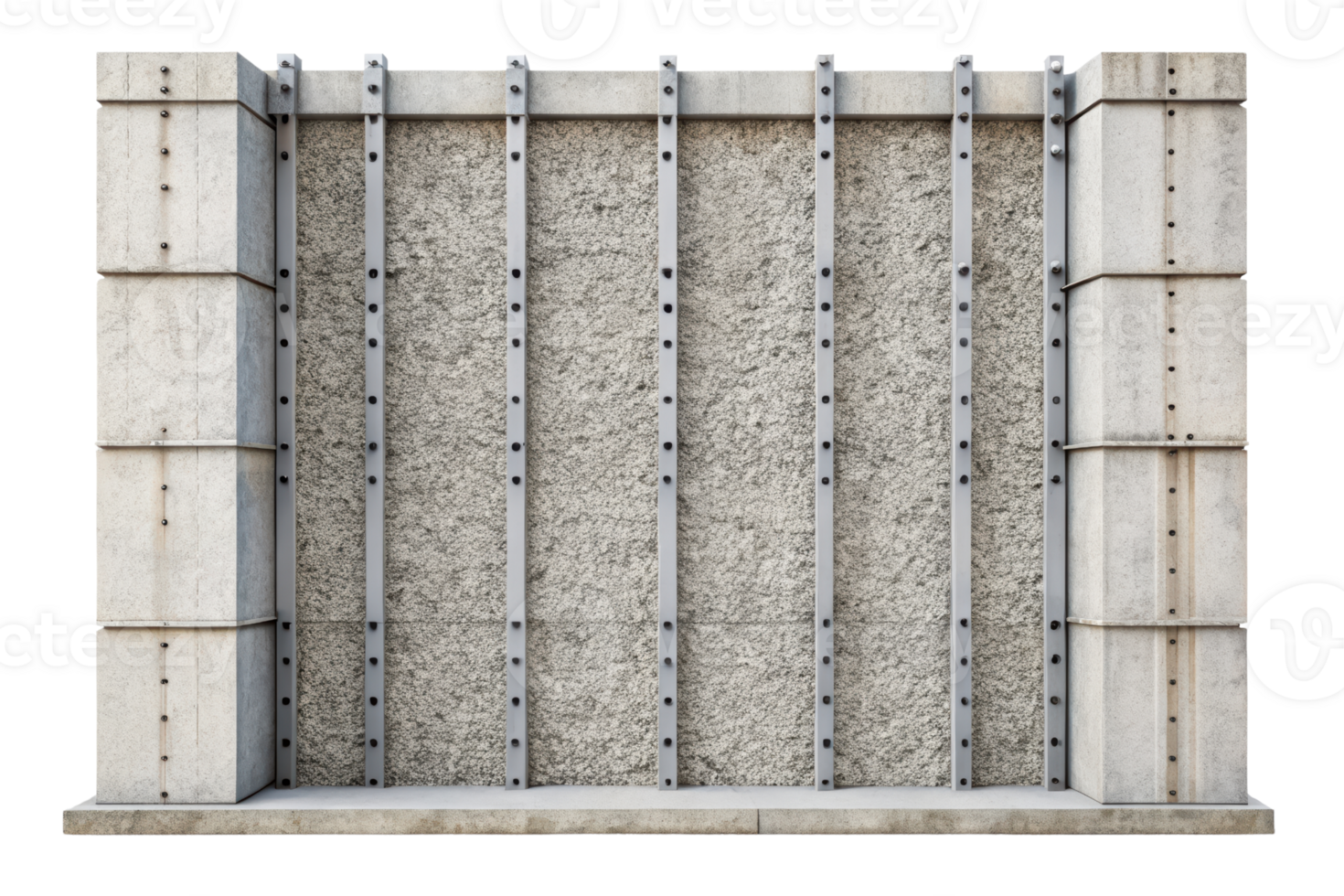 Concrete wall structure with metal reinforcements isolated on a transparent background png