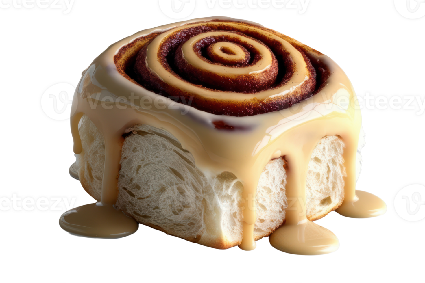 Cinnamon roll with creamy icing drizzled on top isolated on a transparent background png