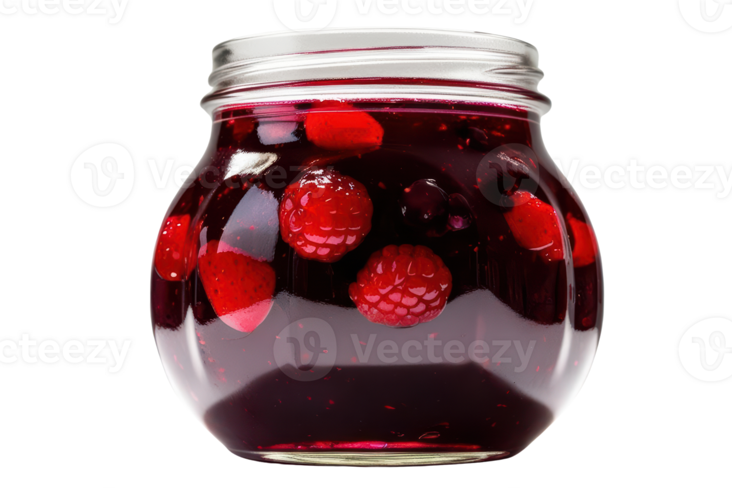 Jar of mixed berry jam filled with vibrant fruits on a transparent background png
