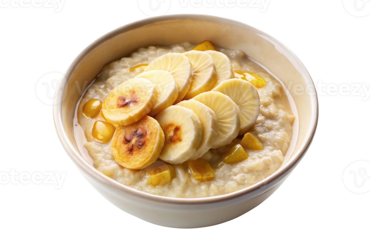 Bowl of oatmeal with sliced banana and honey isolated on a transparent background png