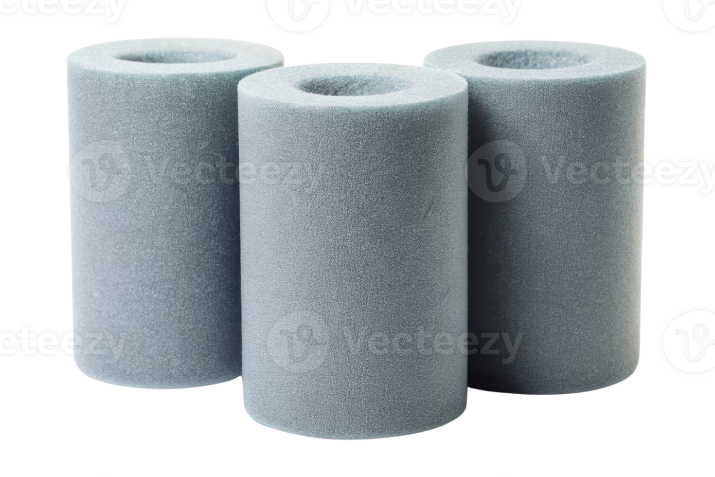 Three cylindrical foam rollers for exercise and therapy use isolated on a transparent background png